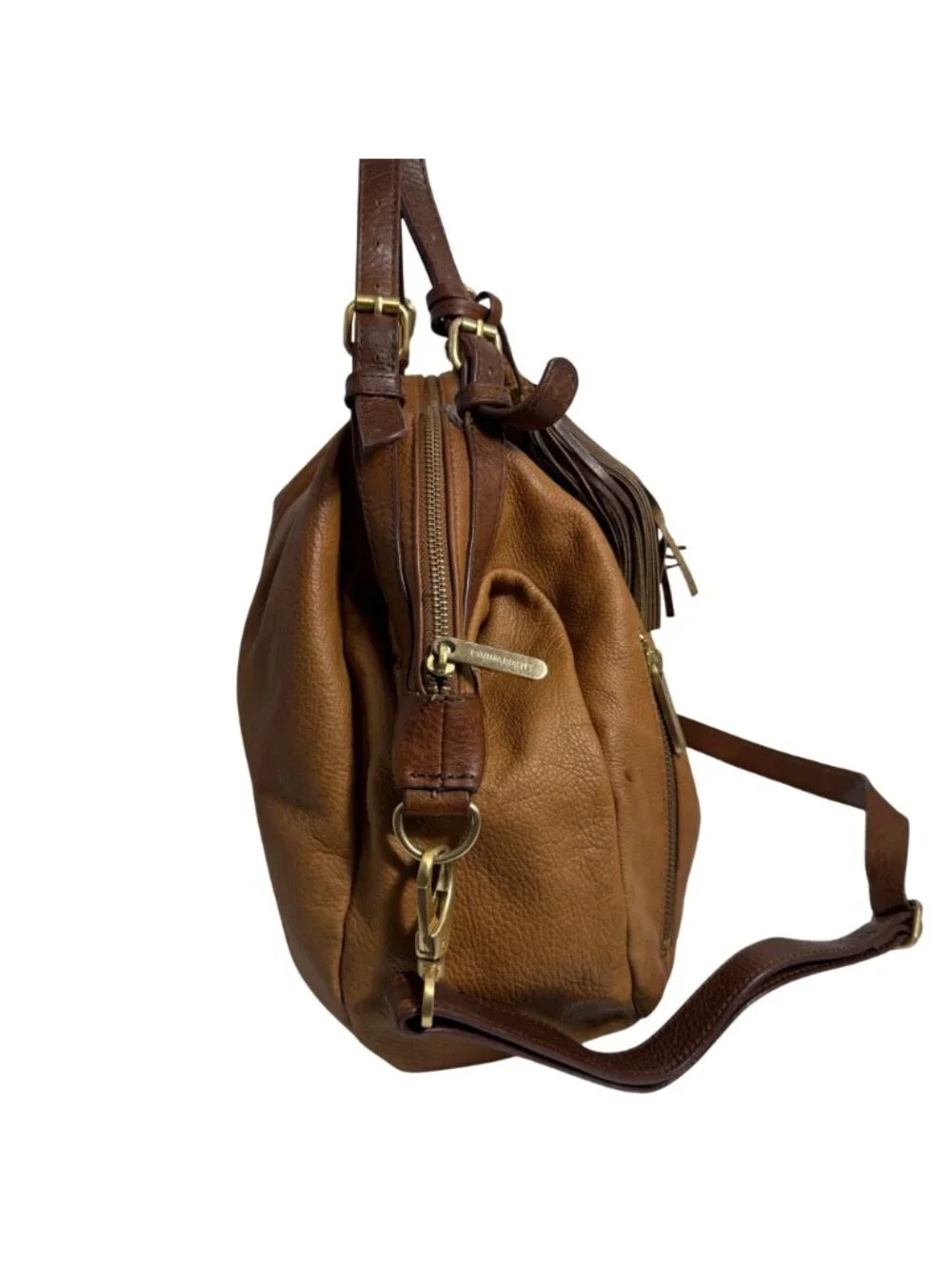 Cynthia Rowley Tan Leather Shoulder Bag + Adjust Strap Zipper Pockets + Tassel
